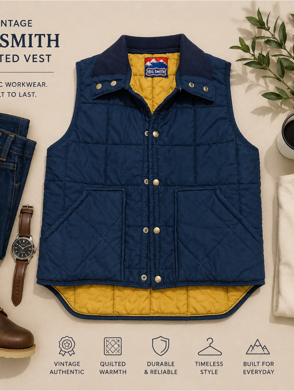 VTG Big Smith Men's Quilted Navy Vest with Yellow Contrast Prop